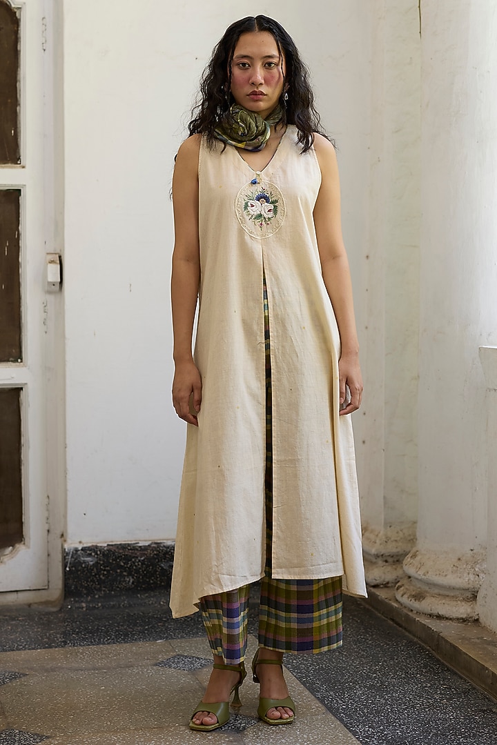 Green & Purple Khadi Wide-Leg Pants by Khyati Rughani at Pernia's Pop Up Shop