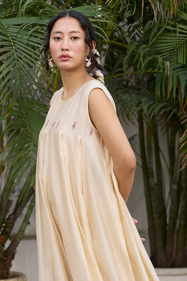 Ecru Silk Embroidered Layered Midi Vacation Dress by Khyati Rughani at Pernia's Pop Up Shop