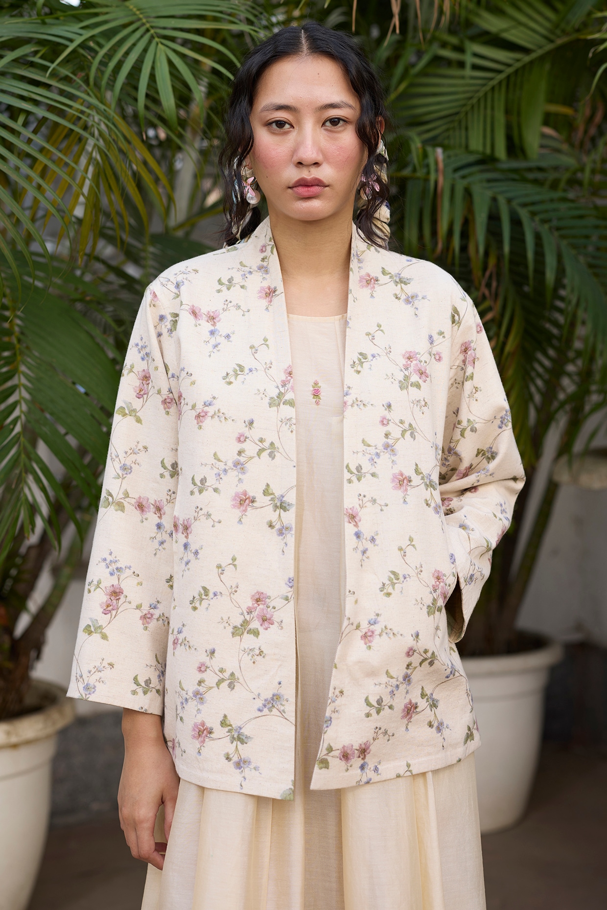 Khyati Rughani Ecru Khadi Striped Floral Jacket