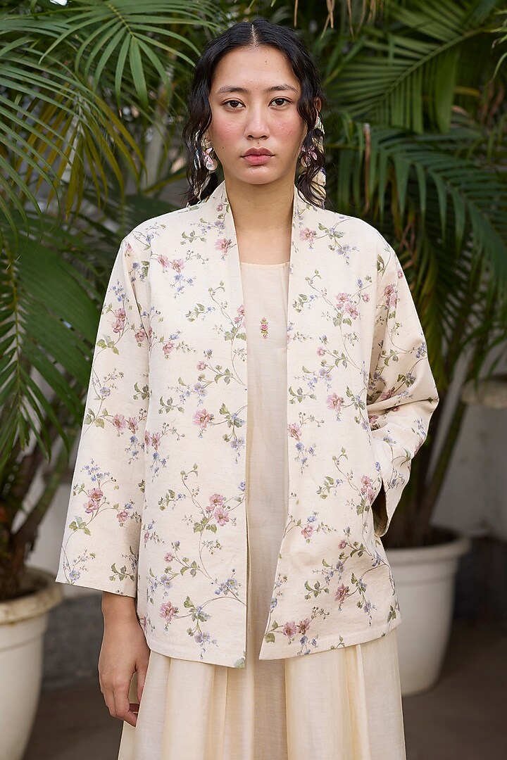 Ecru Khadi Striped Floral Jacket by Khyati Rughani at Pernia's Pop Up Shop