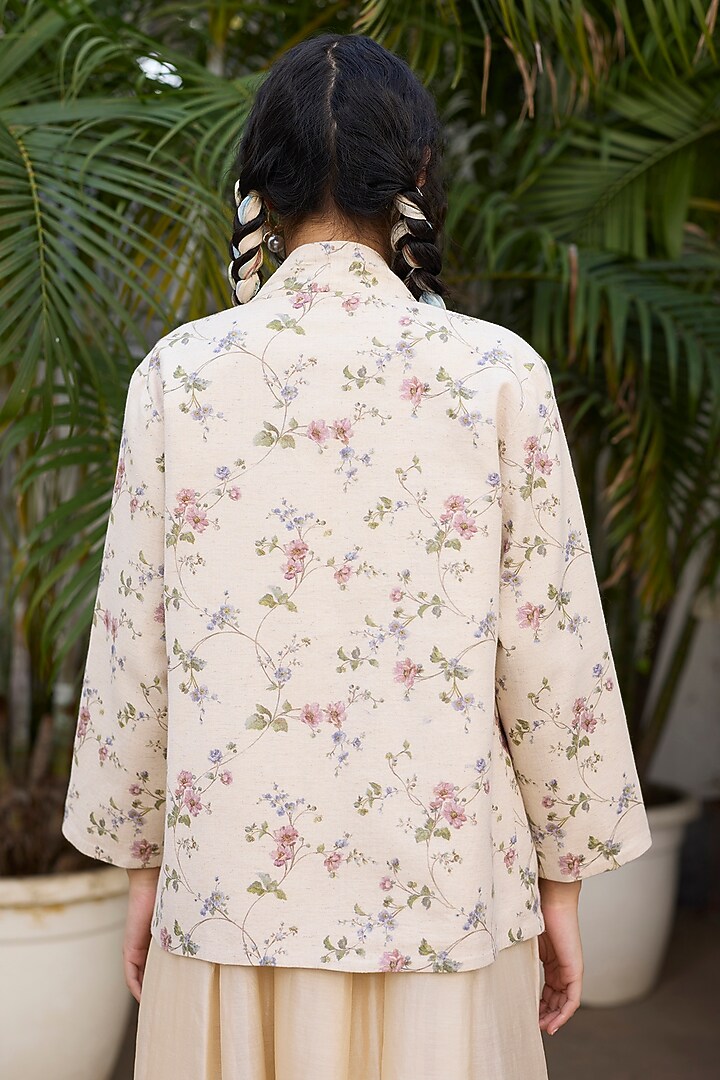 Ecru Khadi Striped Floral Jacket by Khyati Rughani at Pernia's Pop Up Shop