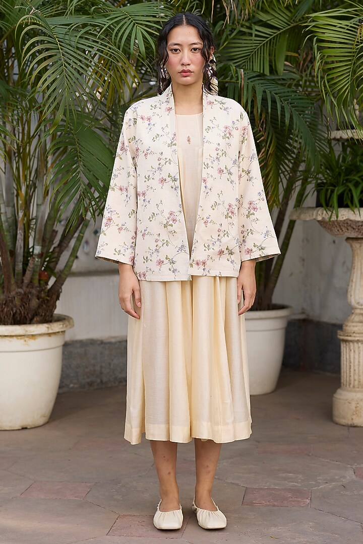 Ecru Khadi Striped Floral Jacket by Khyati Rughani at Pernia's Pop Up Shop