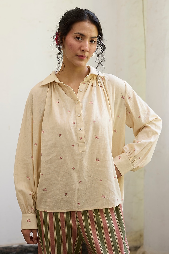 Ecru & Pink Khadi Floral Printed Top by Khyati Rughani at Pernia's Pop Up Shop