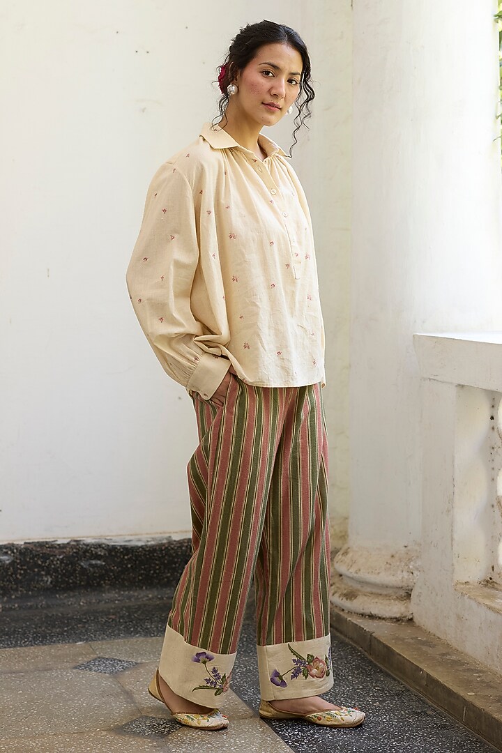 Green & Pink Khadi Stripe Printed Pants by Khyati Rughani at Pernia's Pop Up Shop