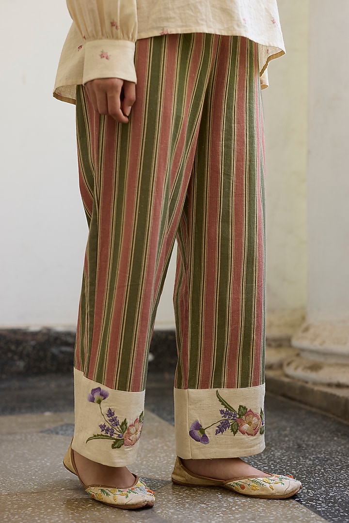 Green & Pink Khadi Stripe Printed Pants by Khyati Rughani at Pernia's Pop Up Shop