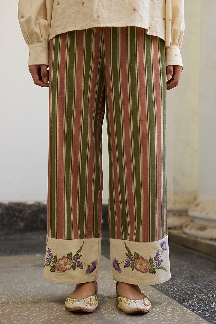 Green & Pink Khadi Stripe Printed Pants by Khyati Rughani at Pernia's Pop Up Shop