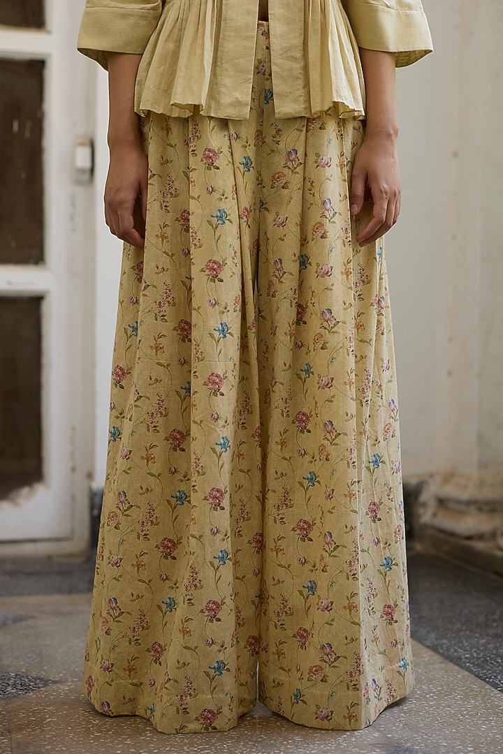 Yellow Khadi Floral Pleated Pants by Khyati Rughani at Pernia's Pop Up Shop
