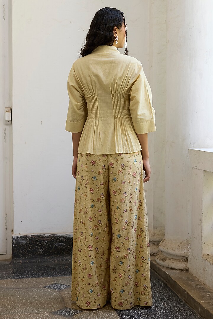 Yellow Khadi Floral Pleated Pants by Khyati Rughani at Pernia's Pop Up Shop