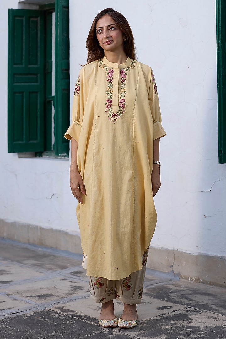 Pastel Yellow Khadi Embroidered Kaftan by Khyati Rughani at Pernia's Pop Up Shop