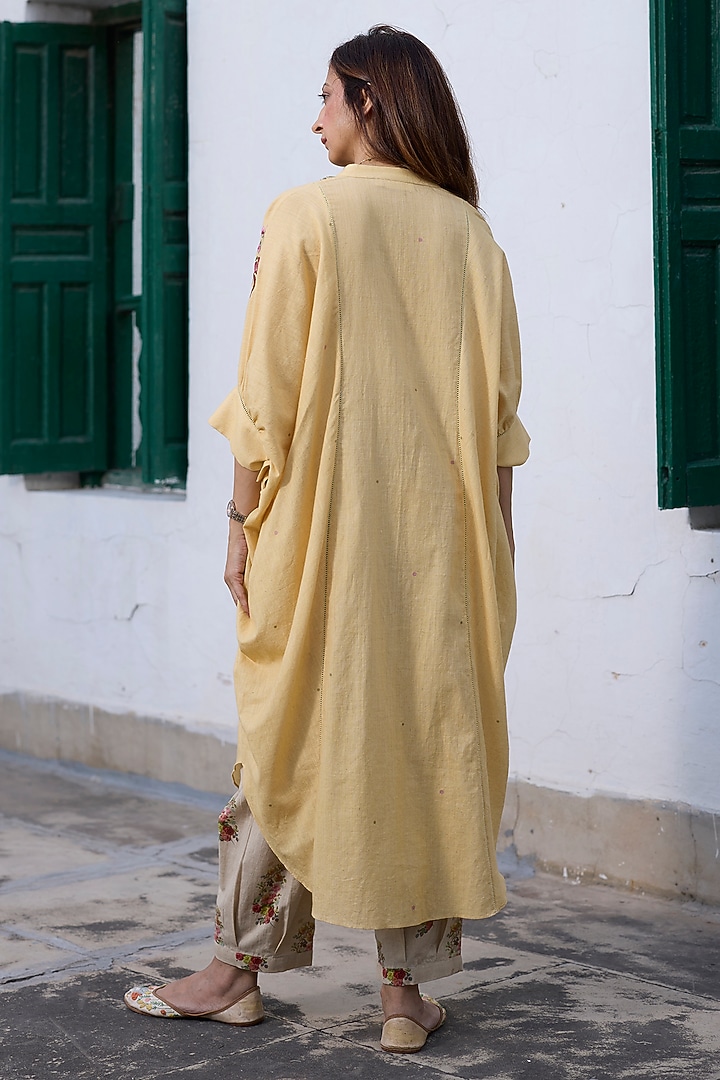 Pastel Yellow Khadi Embroidered Kaftan by Khyati Rughani at Pernia's Pop Up Shop