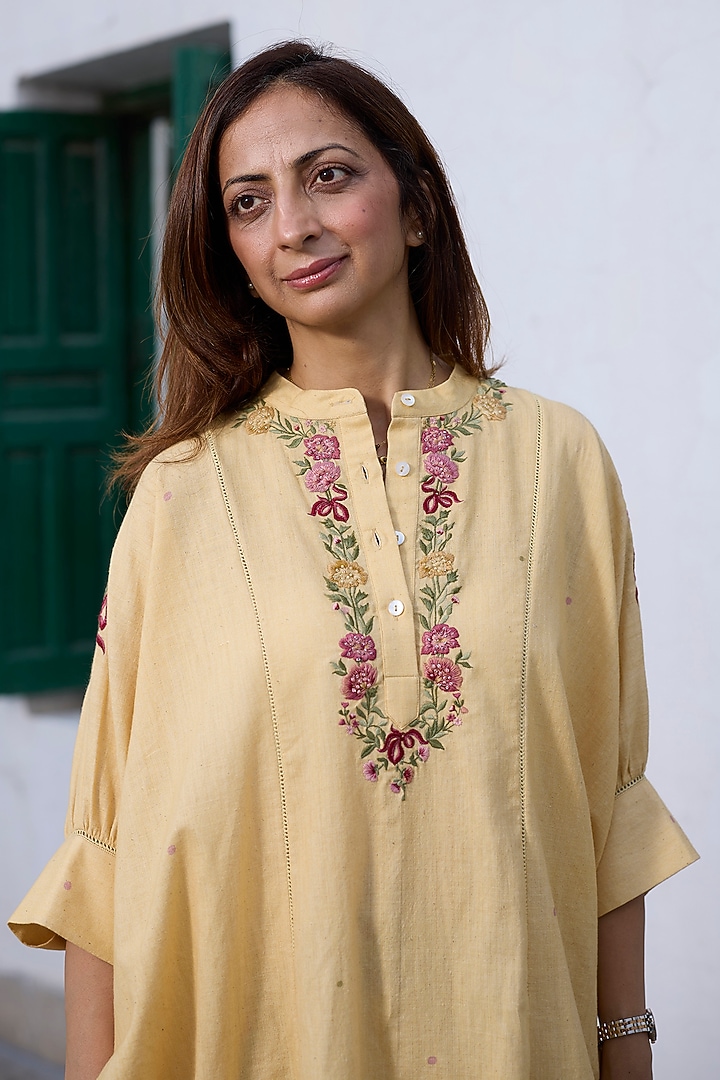 Pastel Yellow Khadi Embroidered Kaftan by Khyati Rughani at Pernia's Pop Up Shop