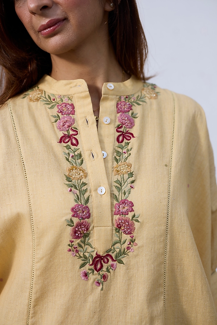 Pastel Yellow Khadi Embroidered Kaftan by Khyati Rughani at Pernia's Pop Up Shop