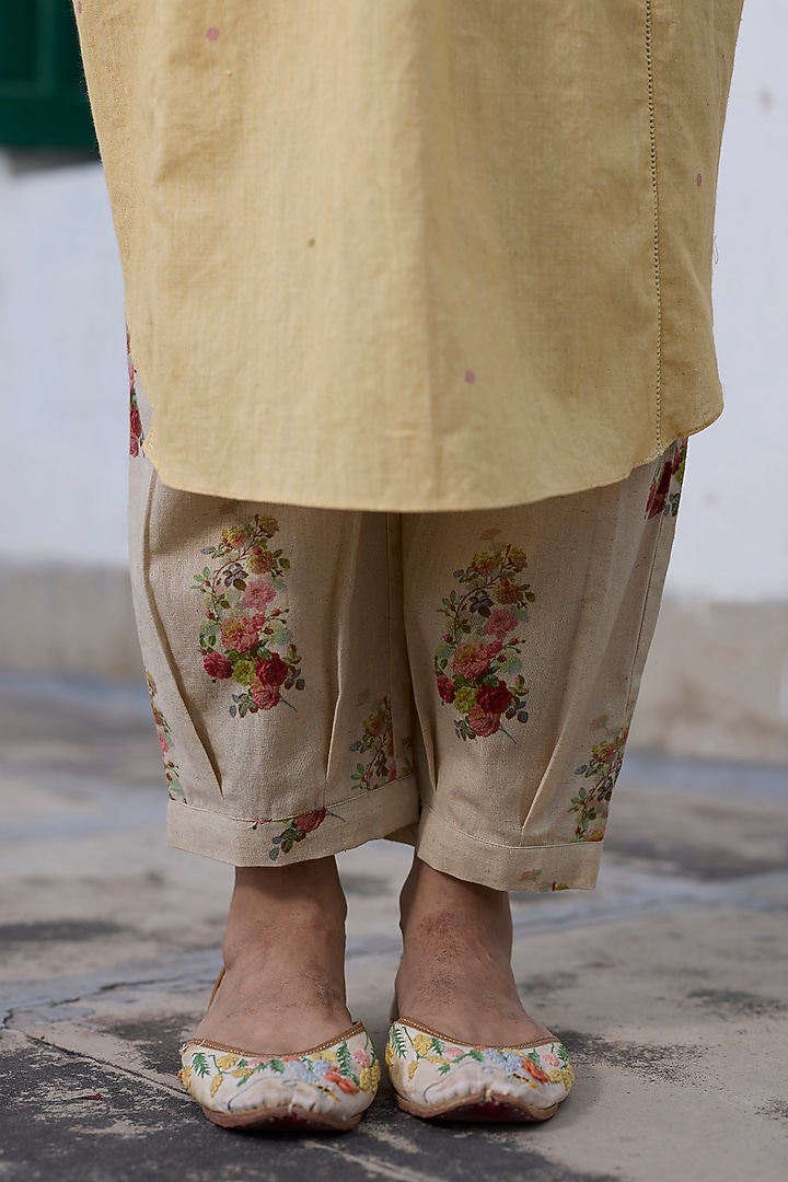 Ecru & Red Khadi Floral Printed Pants by Khyati Rughani at Pernia's Pop Up Shop