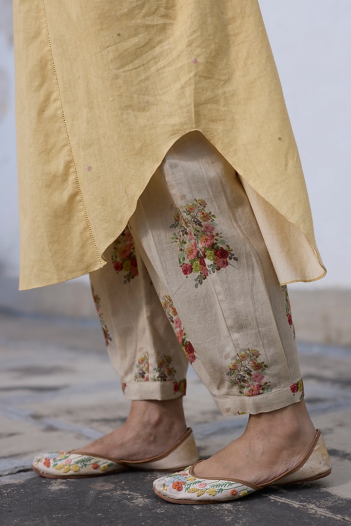 Ecru & Red Khadi Floral Printed Pants by Khyati Rughani at Pernia's Pop Up Shop