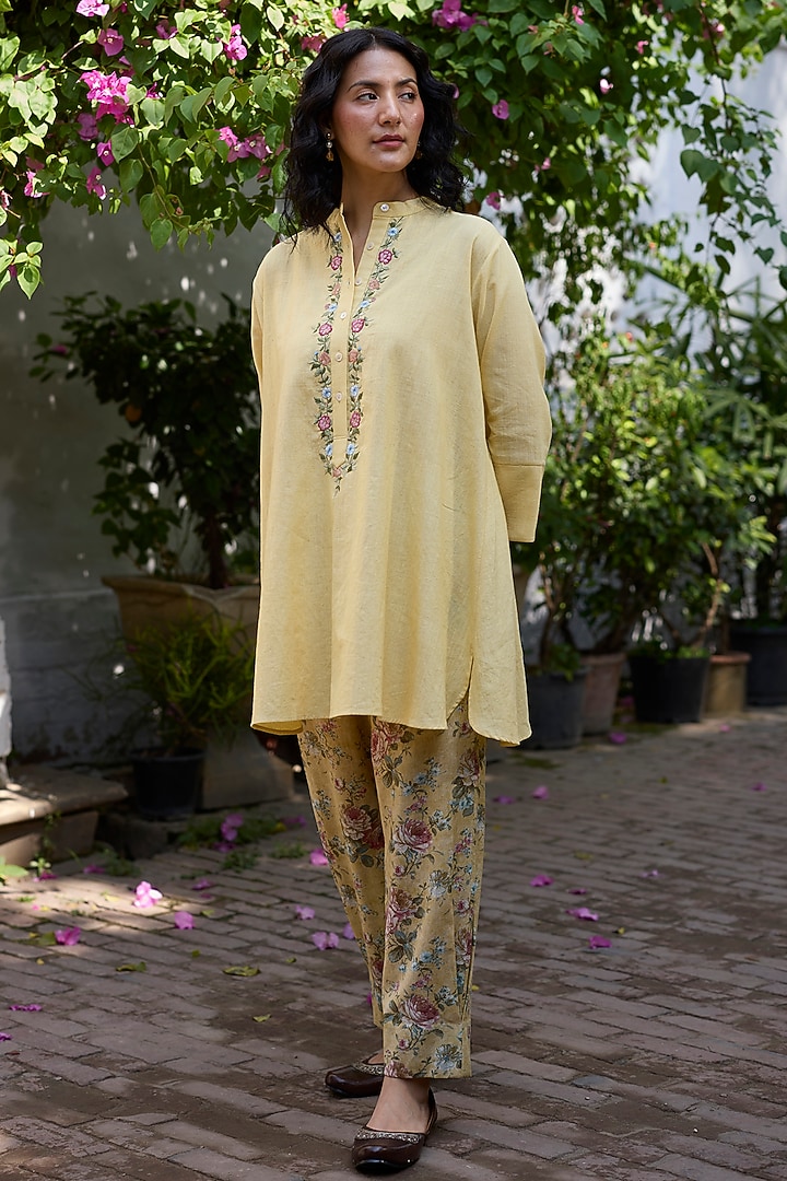 Yellow Khadi Embroidered Short Kurta by Khyati Rughani at Pernia's Pop Up Shop
