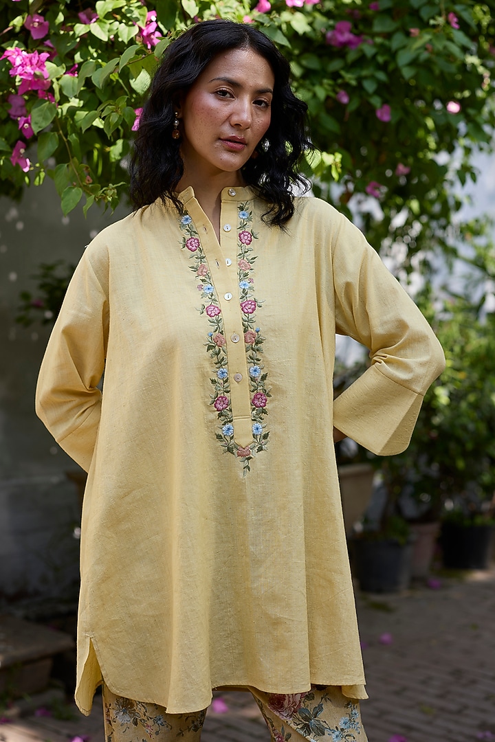 Yellow Khadi Embroidered Short Kurta by Khyati Rughani at Pernia's Pop Up Shop