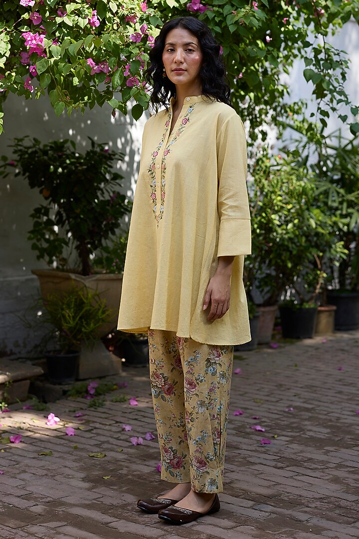 Yellow Khadi Floral Printed Pants by Khyati Rughani at Pernia's Pop Up Shop