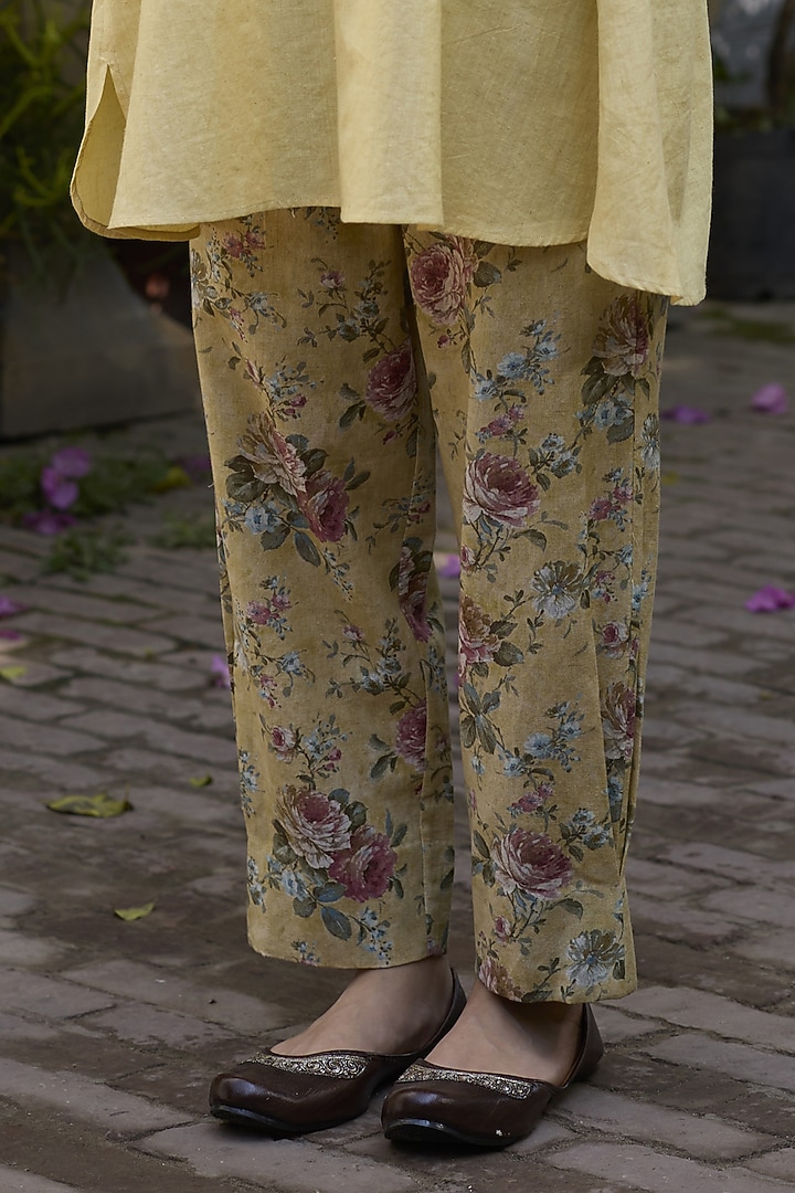 Yellow Khadi Floral Printed Pants by Khyati Rughani at Pernia's Pop Up Shop