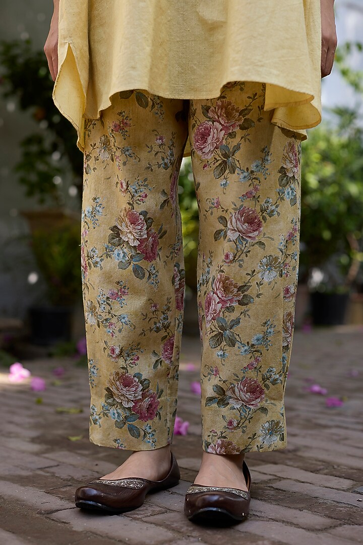 Yellow Khadi Floral Printed Pants by Khyati Rughani at Pernia's Pop Up Shop
