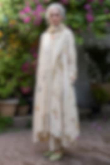 Ecru Khadi Floral Printed & Embroidered Kurta by Khyati Rughani at Pernia's Pop Up Shop