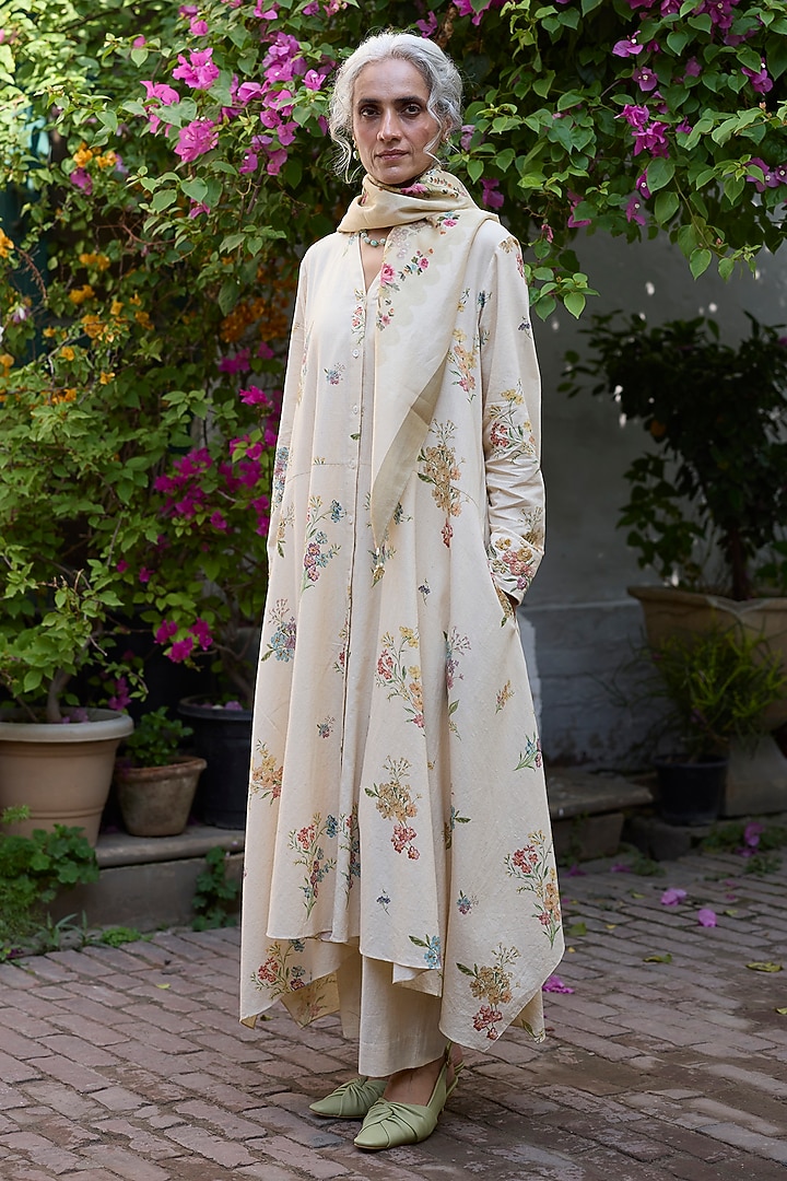 Ecru Khadi Floral Printed & Embroidered Kurta by Khyati Rughani at Pernia's Pop Up Shop