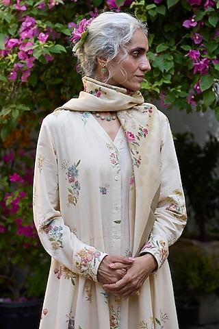 Yellow Silk Floral & Stripe Printed Scarf by Khyati Rughani