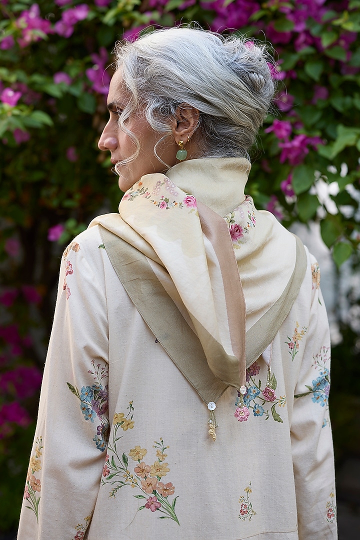 Yellow Silk Floral & Stripe Printed Scarf by Khyati Rughani at Pernia's Pop Up Shop
