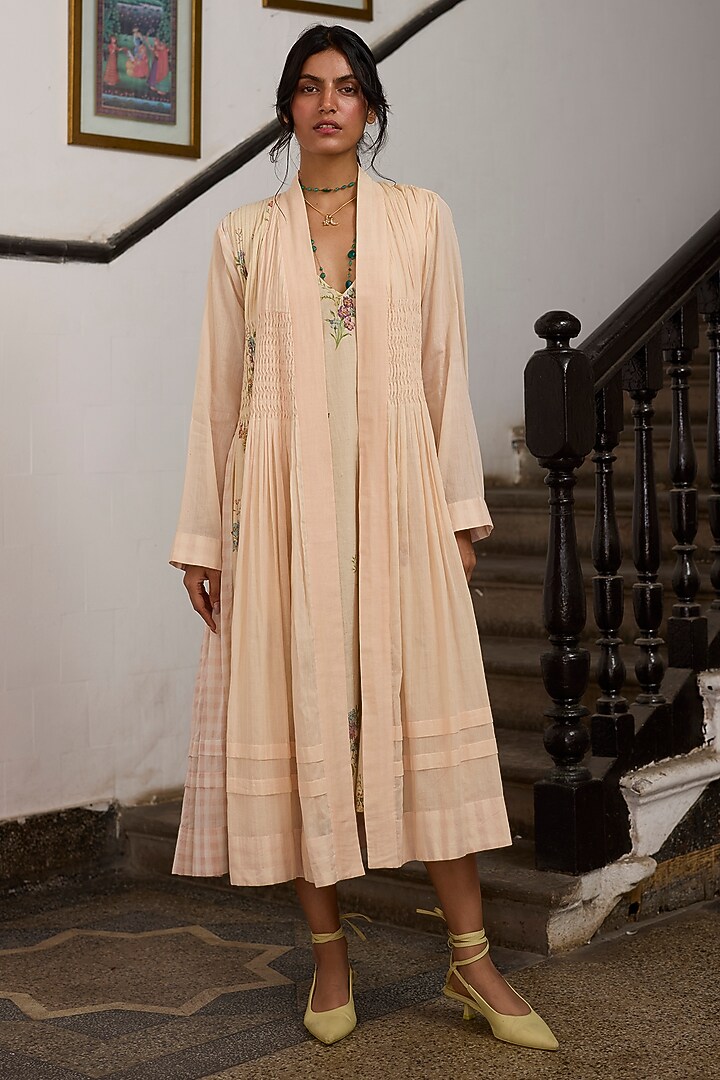 Peach Khadi Pleated Overlay Jacket by Khyati Rughani at Pernia's Pop Up Shop