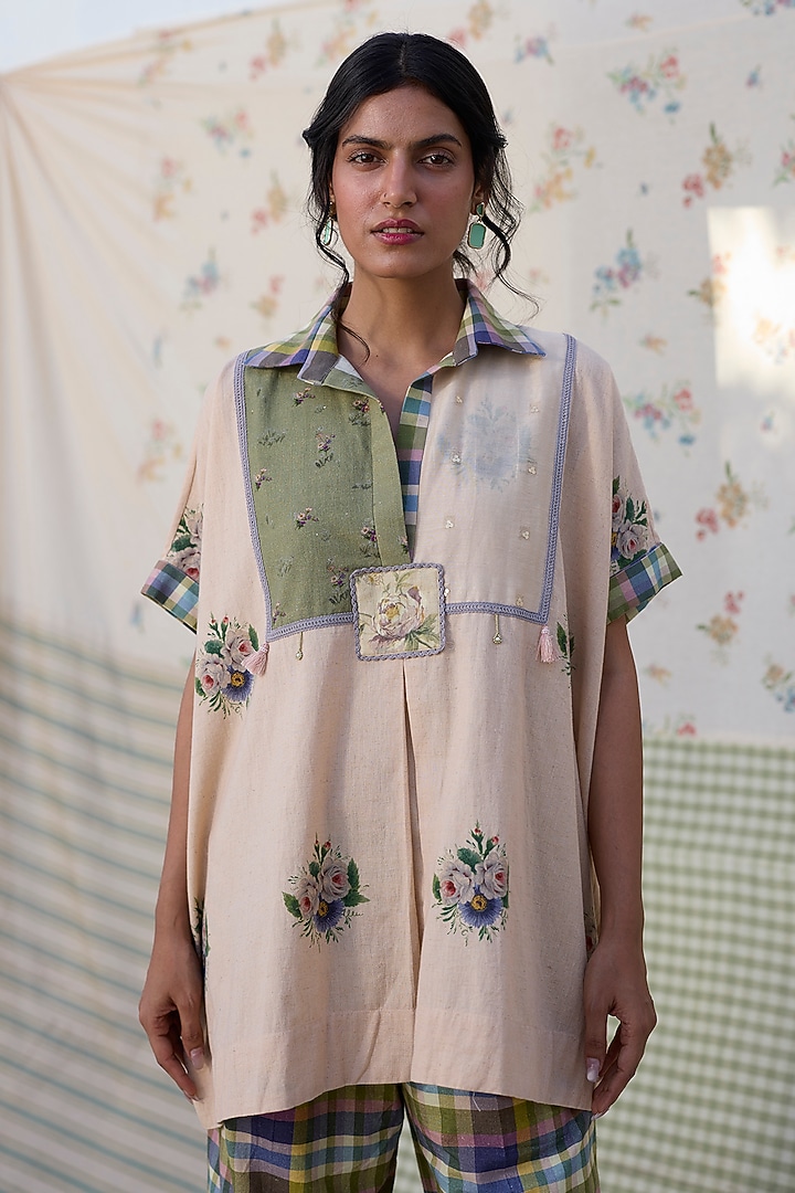 Ecru & Green Khadi Patch Work Kaftan Top by Khyati Rughani at Pernia's Pop Up Shop