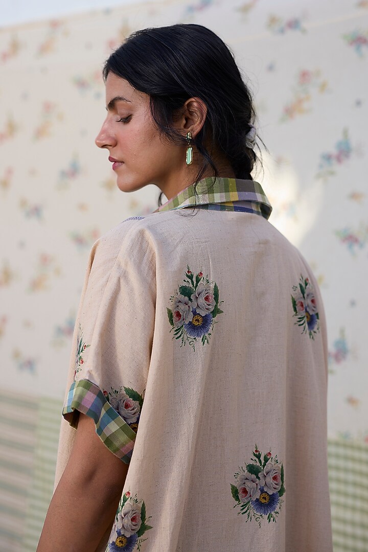 Ecru & Green Khadi Patch Work Kaftan Top by Khyati Rughani at Pernia's Pop Up Shop