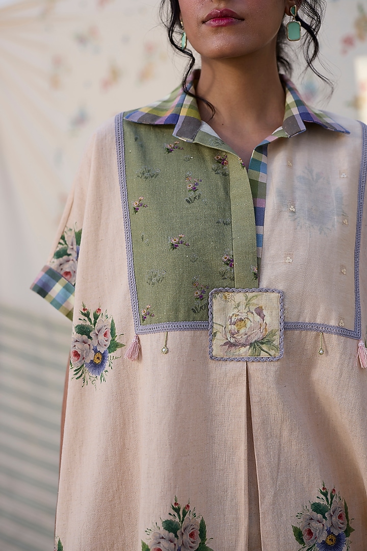 Ecru & Green Khadi Patch Work Kaftan Top by Khyati Rughani at Pernia's Pop Up Shop