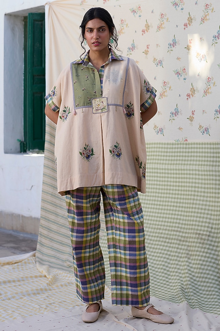 Ecru & Green Khadi Patch Work Kaftan Top by Khyati Rughani at Pernia's Pop Up Shop