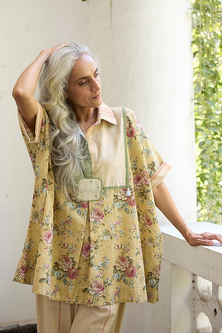 Yellow & Green Khadi Patch Work Kaftan Top by Khyati Rughani at Pernia's Pop Up Shop