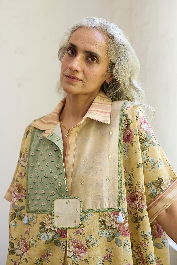 Yellow & Green Khadi Patch Work Kaftan Top by Khyati Rughani at Pernia's Pop Up Shop