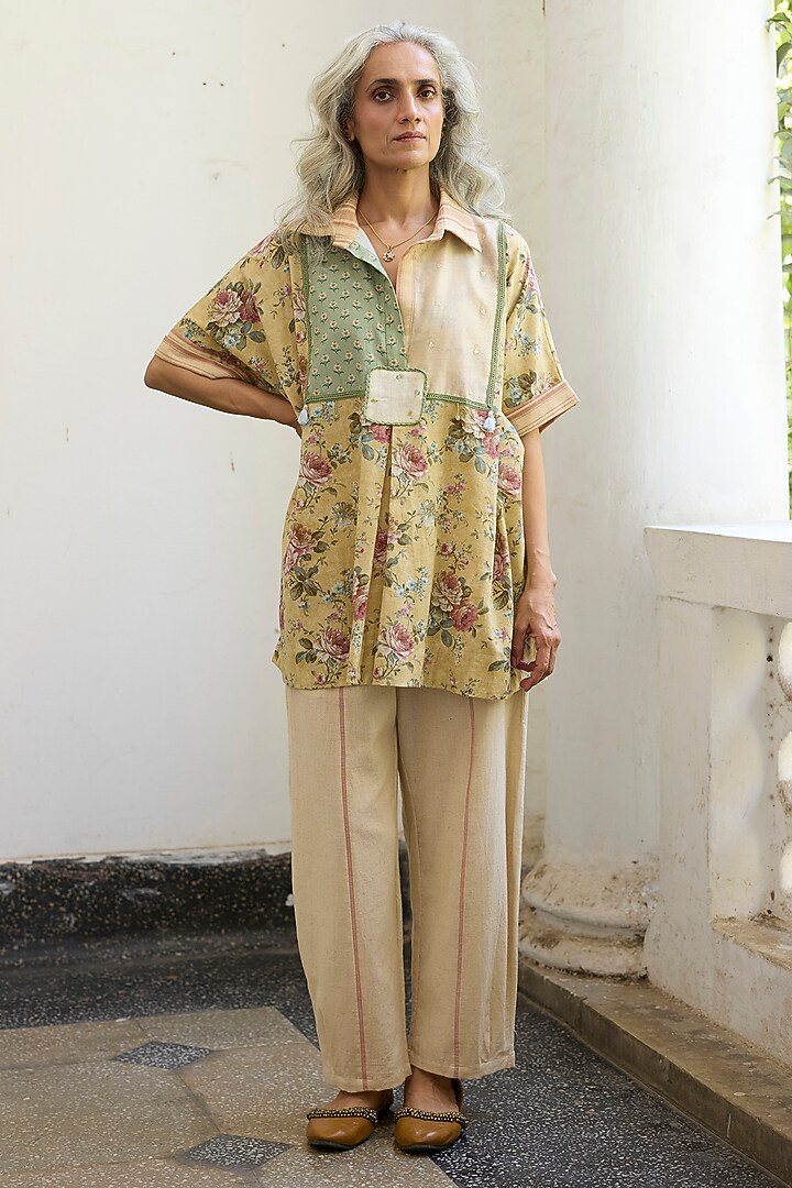 Yellow & Green Khadi Patch Work Kaftan Top by Khyati Rughani at Pernia's Pop Up Shop