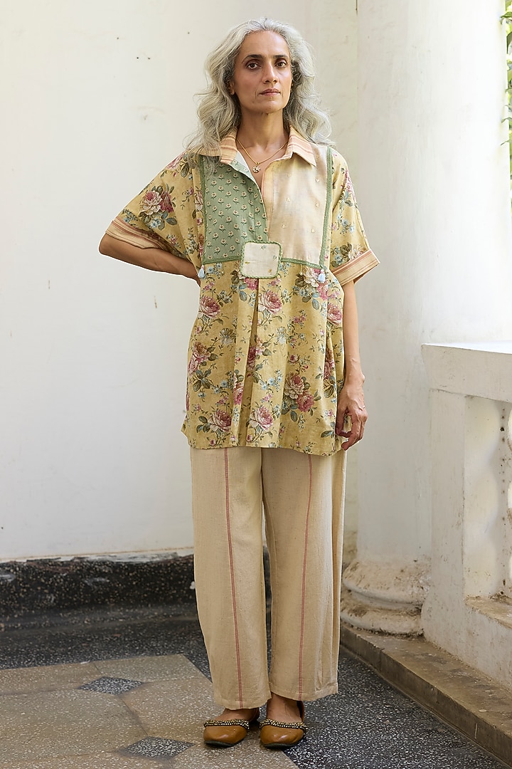 Ecru & Pink Khadi Pants by Khyati Rughani at Pernia's Pop Up Shop
