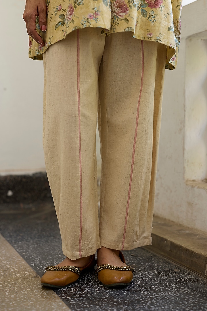 Ecru & Pink Khadi Pants by Khyati Rughani at Pernia's Pop Up Shop
