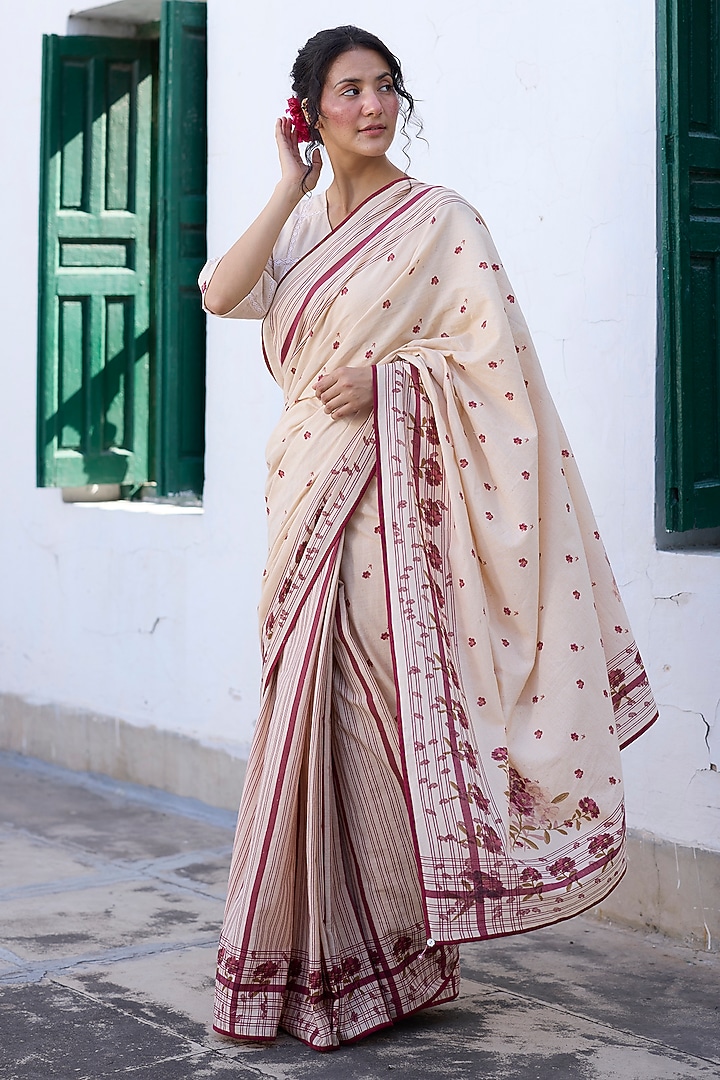 Ecru & Red Khadi Floral Printed Party Wear Saree by Khyati Rughani at Pernia's Pop Up Shop