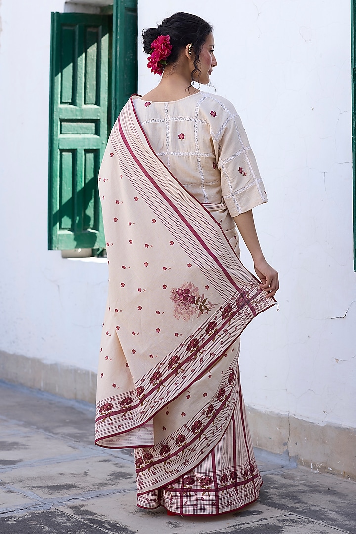 Ecru & Red Khadi Floral Printed Party Wear Saree by Khyati Rughani at Pernia's Pop Up Shop