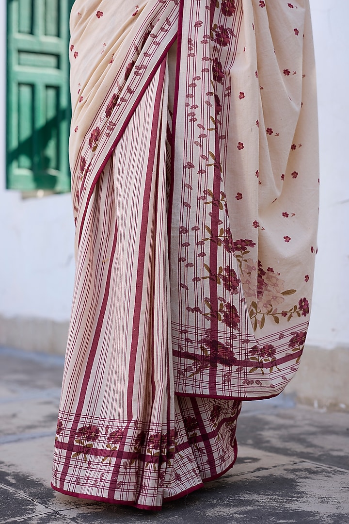 Ecru & Red Khadi Floral Printed Party Wear Saree by Khyati Rughani at Pernia's Pop Up Shop