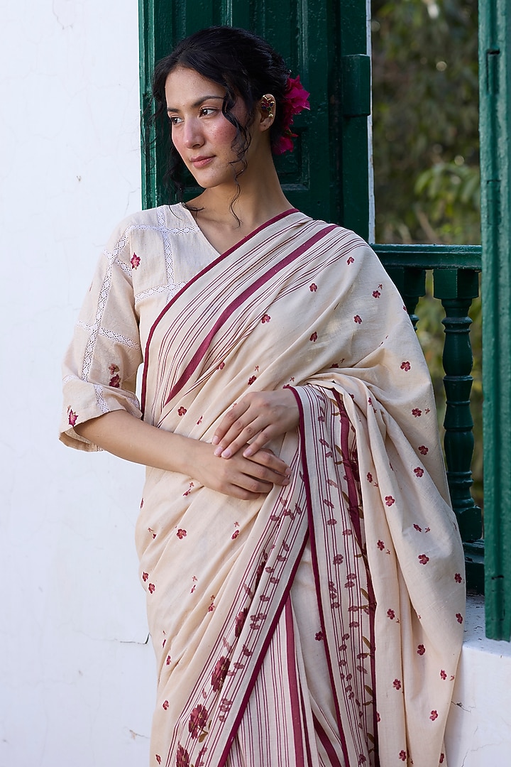 Ecru & Red Khadi Floral Printed Party Wear Saree by Khyati Rughani at Pernia's Pop Up Shop
