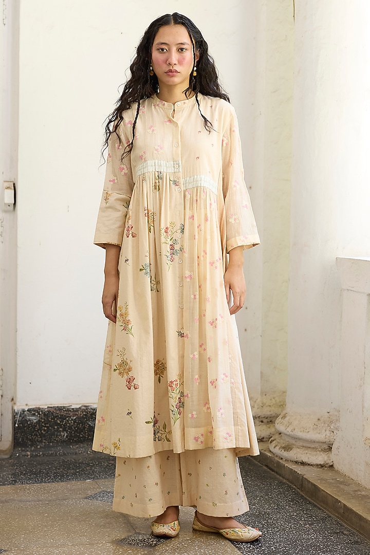 Ecru Khadi Printed & Embroidered Tunic by Khyati Rughani at Pernia's Pop Up Shop