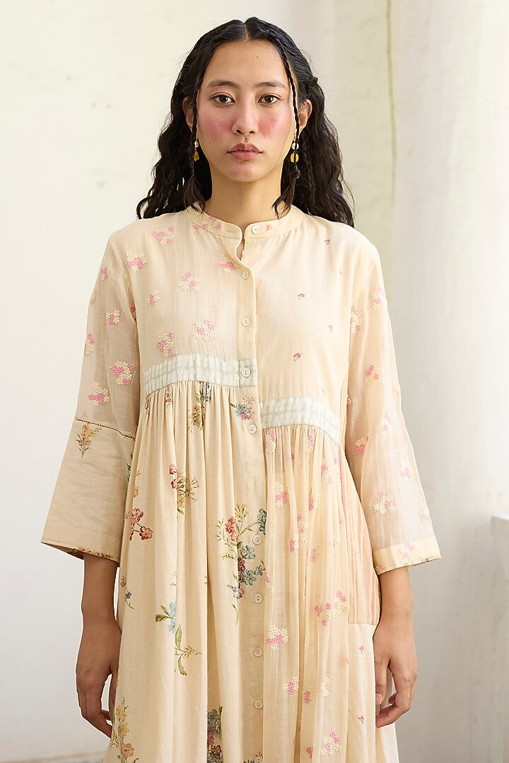 Ecru Khadi Printed & Embroidered Tunic by Khyati Rughani at Pernia's Pop Up Shop