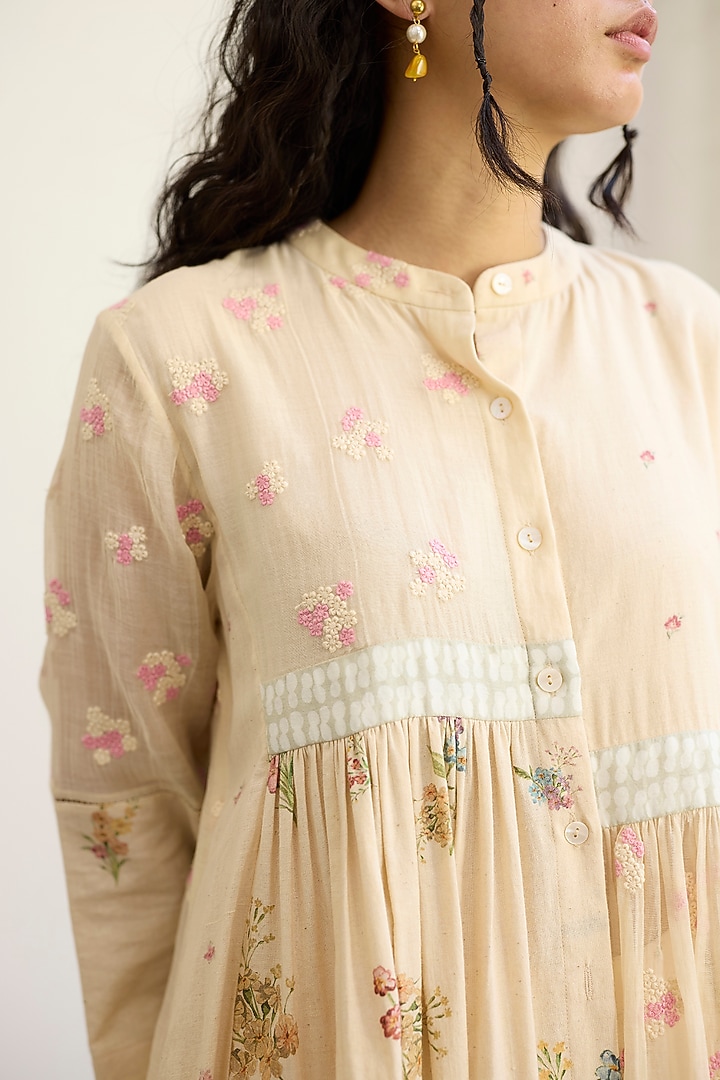 Ecru Khadi Printed & Embroidered Tunic by Khyati Rughani at Pernia's Pop Up Shop