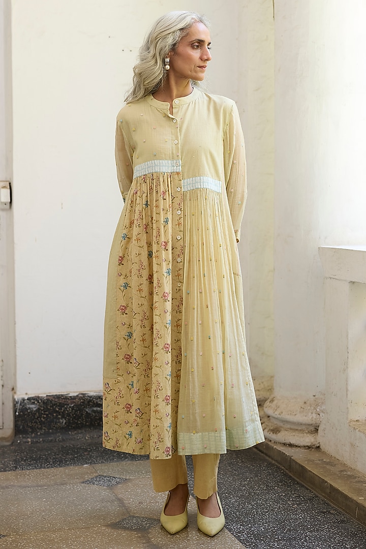 Yellow Khadi Printed & Embroidered Tunic by Khyati Rughani at Pernia's Pop Up Shop