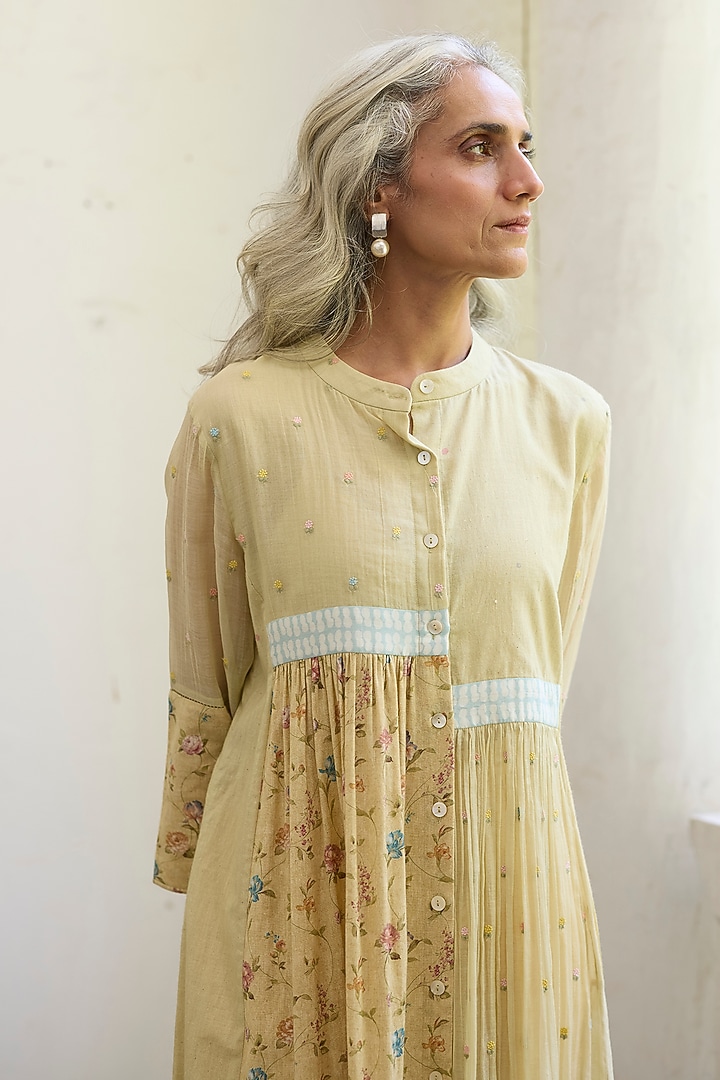 Yellow Khadi Printed & Embroidered Tunic by Khyati Rughani at Pernia's Pop Up Shop