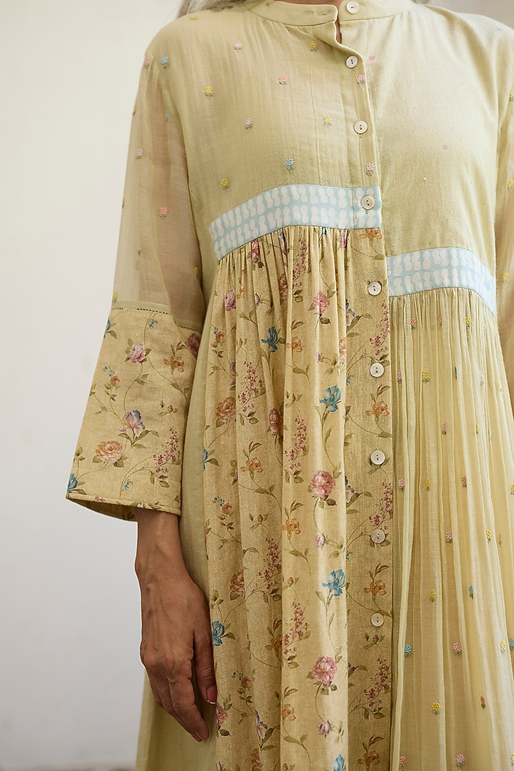 Yellow Khadi Printed & Embroidered Tunic by Khyati Rughani at Pernia's Pop Up Shop