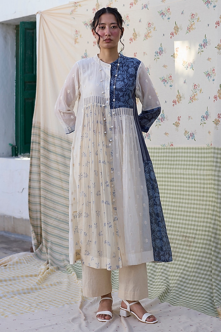Off-White & Blue Khadi Printed Tunic by Khyati Rughani at Pernia's Pop Up Shop