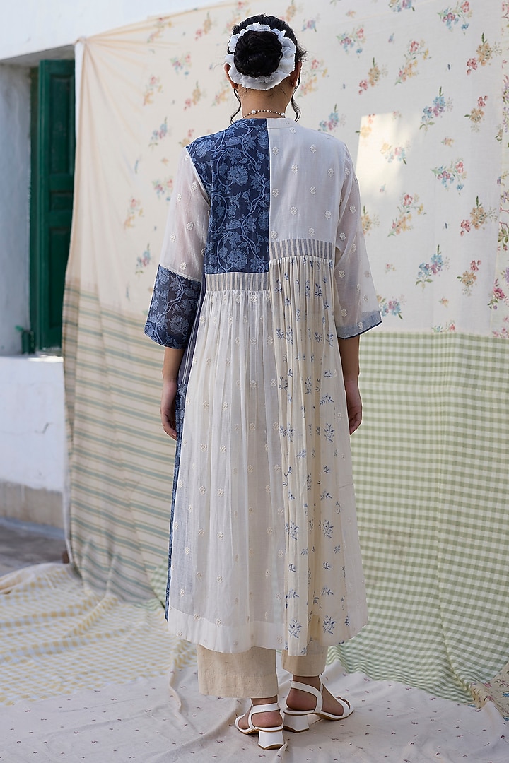 Off-White & Blue Khadi Printed Tunic by Khyati Rughani at Pernia's Pop Up Shop