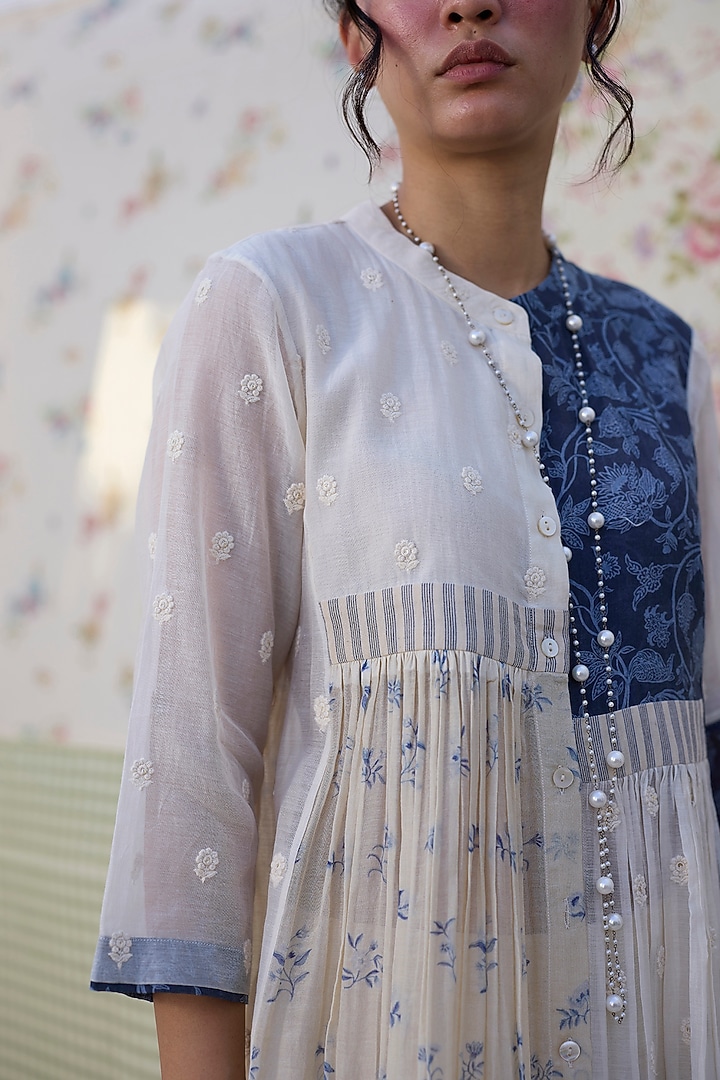 Off-White & Blue Khadi Printed Tunic by Khyati Rughani at Pernia's Pop Up Shop